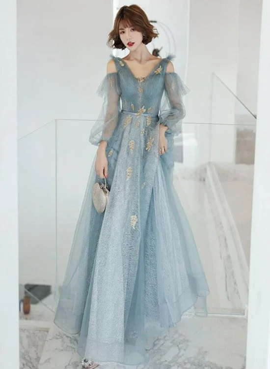 Lovely Blue Long Sleeves Tulle Long Wedding Party Dresses, Blue Prom Dresses Crew Neckline Casual Lovely Blue Long Sleeves Tulle Long Wedding Party Dresses, Blue Prom Dresses Crew Neckline Casual