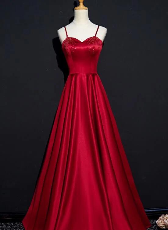 Dark Red Straps Beaded Sweetheart Satin Long Party Dress, Wine Red Prom Dresses Tunics Seasonal trendy Dark Red Straps Beaded Sweetheart Satin Long Party Dress, Wine Red Prom Dresses Tunics Seasonal trendy