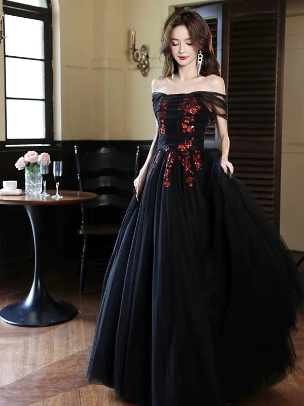 Black Tulle A-line Simple Long Party Dress with Lace, Black Off Shoulder Prom Dress Tunics Custom made Black Tulle A-line Simple Long Party Dress with Lace, Black Off Shoulder Prom Dress Tunics Custom made