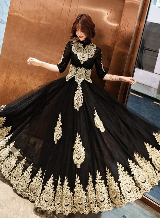 Black Tulle 1/2 Sleeves with Gold Lace Applique Party Dress, Charming Black Evening Dress Prom Dress High-Low Hemline Casual Black Tulle 1/2 Sleeves with Gold Lace Applique Party Dress, Charming Black Evening Dress Prom Dress High-Low Hemline Casual