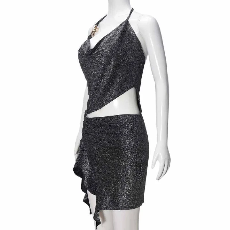 Shiny Sexy V-Neck Irregular Halter Neck Waist-Baring Dress Tunics Formal black