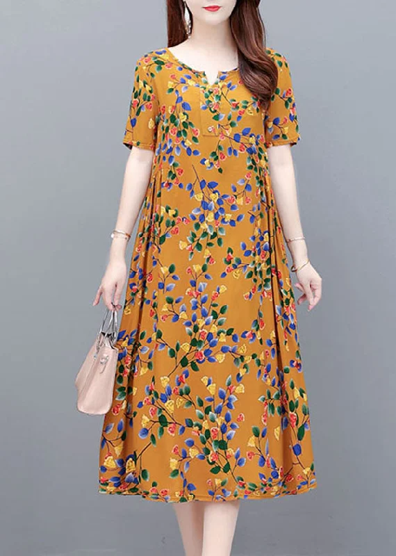Yellow Print Cotton Party Dress Wrinkled Pockets Short Sleeve Tunics Velvet soft