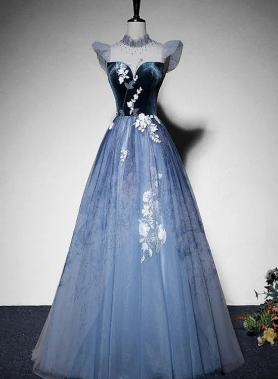 Blue Short Sleeves Tulle with Lace Long Party Dress, Blue Formal Gowns Satin Halter Glamorous Blue Short Sleeves Tulle with Lace Long Party Dress, Blue Formal Gowns Satin Halter Glamorous