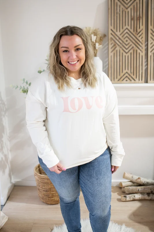 "Love" Sweatshirt-Off White Hoodie with Hem Detail Decorative Unique