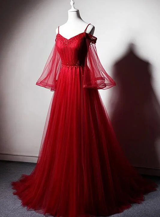 Red Tulle Beautiful Beaded Straps Long Party Dress, Red Off Shoulder Long Sleeves Formal Dress Turtleneck Neckline Stylish Red Tulle Beautiful Beaded Straps Long Party Dress, Red Off Shoulder Long Sleeves Formal Dress Turtleneck Neckline Stylish