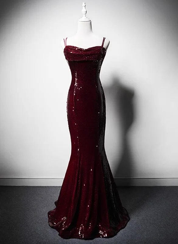 Wine Red Mermaid Straps Long Prom Dress Party Dress, Wine Red Sequins Evening Dress Tunics Luxurious premium Wine Red Mermaid Straps Long Prom Dress Party Dress, Wine Red Sequins Evening Dress Tunics Luxurious premium