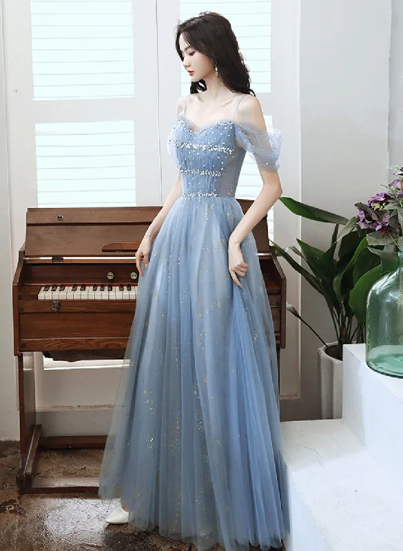 Blue Tulle A-line Party Dress with Beadings, Blue Long Prom Dress Tunics Brand named Blue Tulle A-line Party Dress with Beadings, Blue Long Prom Dress Tunics Brand named