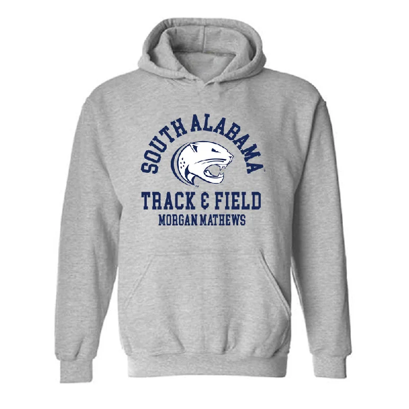 South Alabama - NCAA Women's Track & Field : Morgan Mathews - Classic Fashion Shersey Hooded Sweatshirt Hoodie with Hem Detail Decorative Unique South Alabama - NCAA Women's Track & Field : Morgan Mathews - Classic Fashion Shersey Hooded Sweatshirt Hoodie with Hem Detail Decorative Unique
