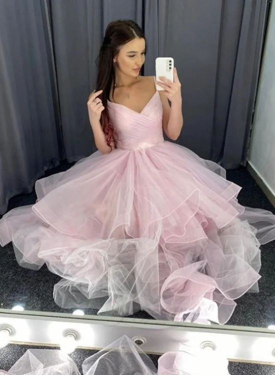 Pink Straps V-neckline Tulle Long Layers Prom Dresses Party Dress, Pink Tulle Formal Dress Tunics Designer luxury