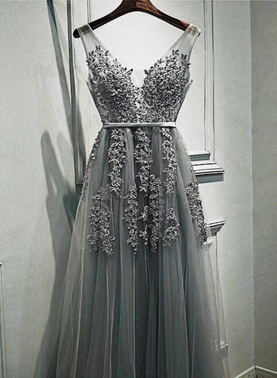 Grey Romantic Lace V-neckline Formal Gowns, Applique Long Prom Dress, High Quality Party Dress Tunics Summer linen