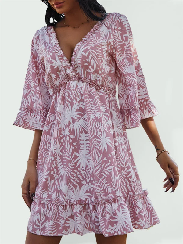 Deep V Casual Sexy Holiday Print Dress Mid Skirt Tunics Evening elegant