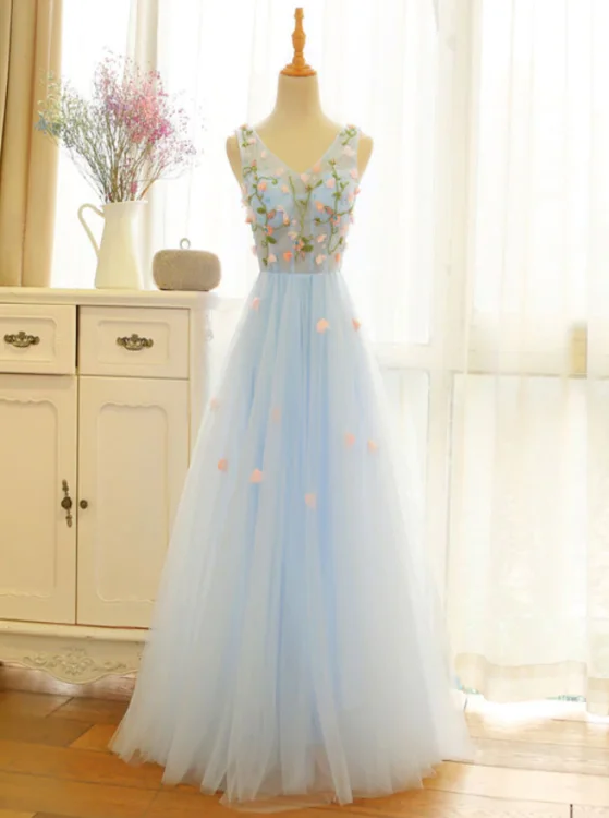 Beautiful Blue V-neckline Floral Lace Tulle Party Dress, A-line Blue Evening Dress Prom Dresses Boatneck Modish Everyday Beautiful Blue V-neckline Floral Lace Tulle Party Dress, A-line Blue Evening Dress Prom Dresses Boatneck Modish Everyday