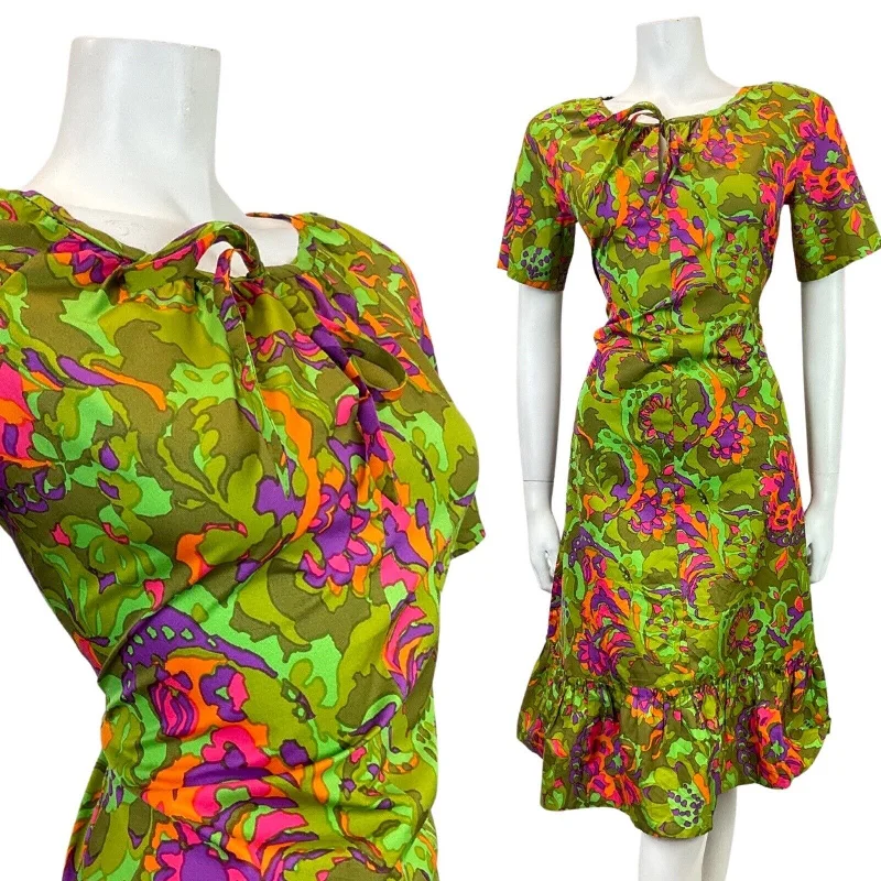 VINTAGE 60s 70s GREEN PURPLE ORANGE PSYCHEDELIC FLORAL SUMMER DRESS 12 Crew Neckline Casual