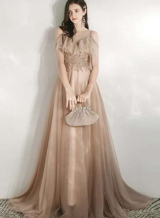 Champagne Tulle Off Shoulder Long Party Dress with Lace, A-line Tulle Evening Dress Prom Dress Tunics Yoga stretchy Champagne Tulle Off Shoulder Long Party Dress with Lace, A-line Tulle Evening Dress Prom Dress Tunics Yoga stretchy