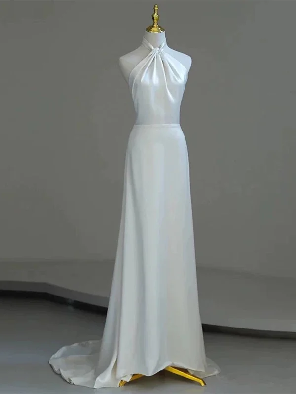 White Satin Halter A-line Long Beaded Low Back Party Dress, White Wedding Party Dress Tunics Review highly White Satin Halter A-line Long Beaded Low Back Party Dress, White Wedding Party Dress Tunics Review highly