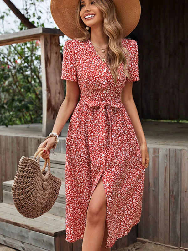New women's v-neck floral slit short-sleeved dress Casual Short Summer