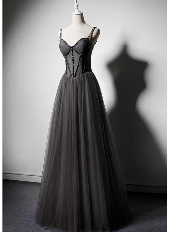 Dark Grey Tulle Straps Long Beaded Party Dress, Grey Long Formal Dresses Turtleneck Warm Winter Dark Grey Tulle Straps Long Beaded Party Dress, Grey Long Formal Dresses Turtleneck Warm Winter