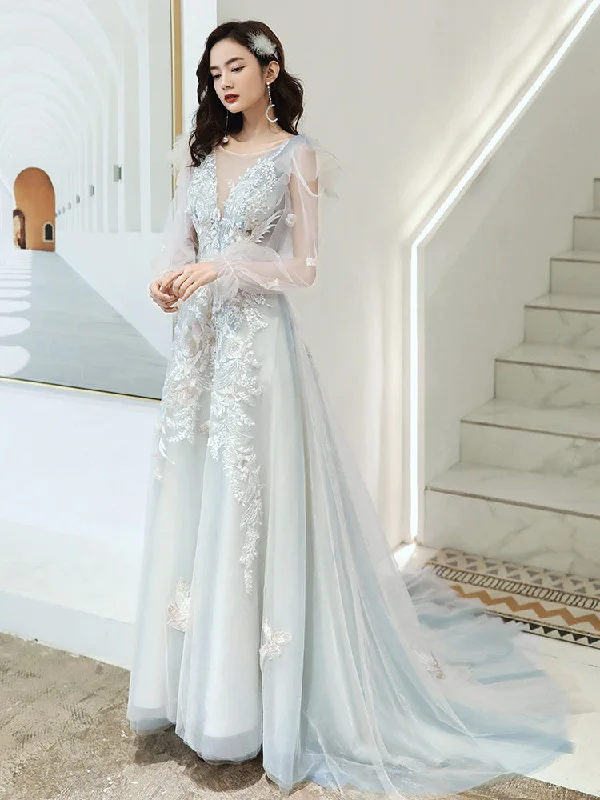 Light Blue Long New Style Tulle with Lace Party Dresses, Light Blue Prom Dresses Tunics Practical durable Light Blue Long New Style Tulle with Lace Party Dresses, Light Blue Prom Dresses Tunics Practical durable