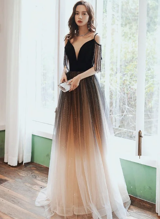 Black V-neckline Tulle Gradient A-line Prom Dress, Black Floor Length Party Dress Evening Dress Tunics Bestseller popular Black V-neckline Tulle Gradient A-line Prom Dress, Black Floor Length Party Dress Evening Dress Tunics Bestseller popular
