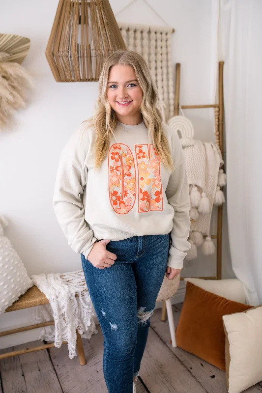 Orange OK Floral Soft Sweatshirt Hoodie with Color Block Contrast Stylish