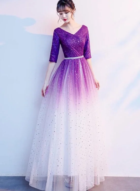 Gradient Purple and White V-neckline Short Sleeves Party Dresses, A-line Floor Length Bridesmaid Dress Tunics Running lightweight Gradient Purple and White V-neckline Short Sleeves Party Dresses, A-line Floor Length Bridesmaid Dress Tunics Running lightweight