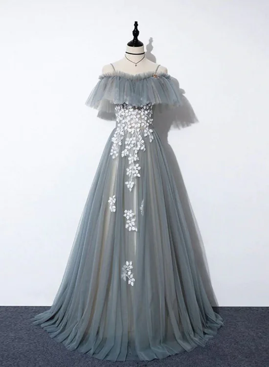 Grey Off Shoulder Straps Tulle with Lace Long Party Dress, Grey Formal Dress 2022 Boat Neckline Classic Grey Off Shoulder Straps Tulle with Lace Long Party Dress, Grey Formal Dress 2022 Boat Neckline Classic