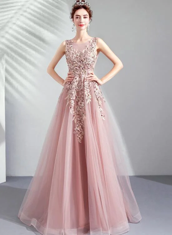 Pink Tulle Flowers V-neckline Long Formal Gown, Lovely Pink Tulle Prom Dress Party Dress Tunics Bestseller popular Pink Tulle Flowers V-neckline Long Formal Gown, Lovely Pink Tulle Prom Dress Party Dress Tunics Bestseller popular