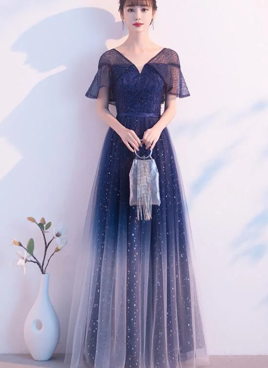 Navy Blue Gradient V-neckline Shiny Tulle A-line Prom Dress Party Dress, Blue Tulle Short Bridesmaid Dress Tunics Bridal satin Navy Blue Gradient V-neckline Shiny Tulle A-line Prom Dress Party Dress, Blue Tulle Short Bridesmaid Dress Tunics Bridal satin