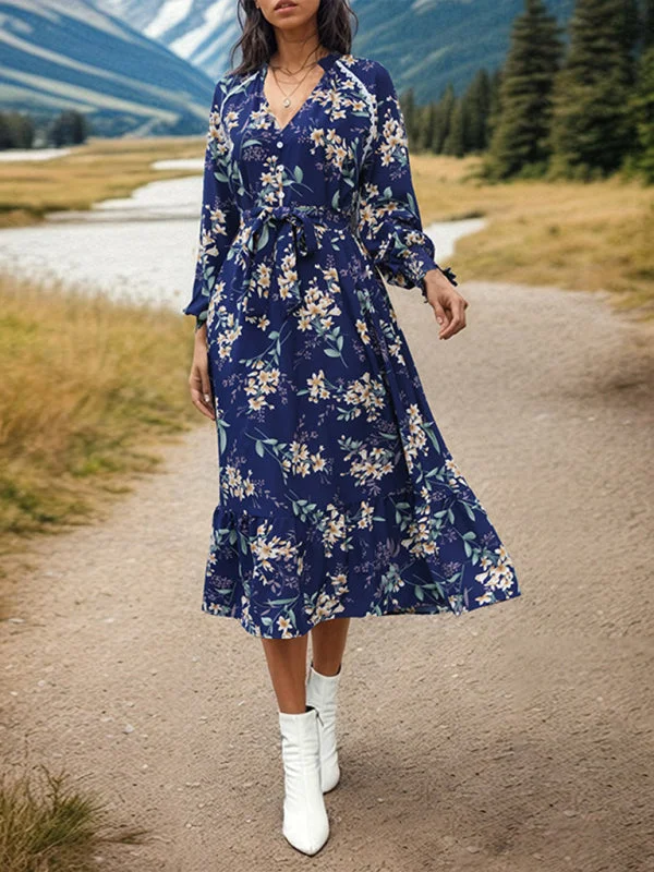 Women's New Long Sleeve Flower Print Dress Tunics Short Trendy