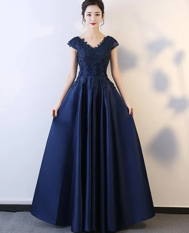 Beautiful Navy Blue Long Party Dress, A-line Prom Dress Tunics Top Casual