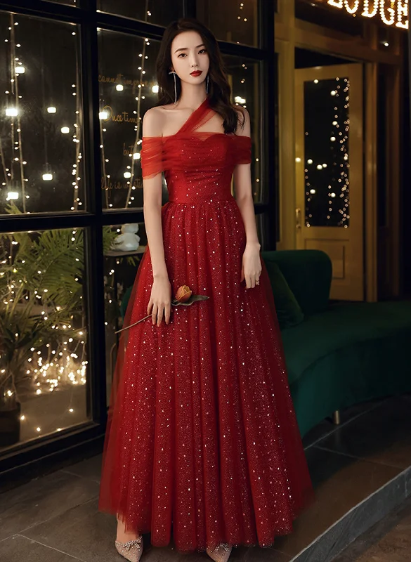 Red Off Shoulder Tulle Long Party Dress, Red A-line Tulle Formal Dress Prom Dress Pleated Skirt Elegant Red Off Shoulder Tulle Long Party Dress, Red A-line Tulle Formal Dress Prom Dress Pleated Skirt Elegant