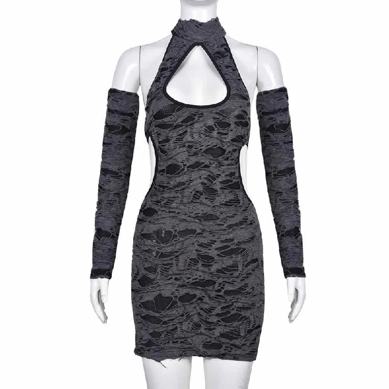 Sexy Halterneck Off-Shoulder Backless Ripped Dress Tunics Fall fleece