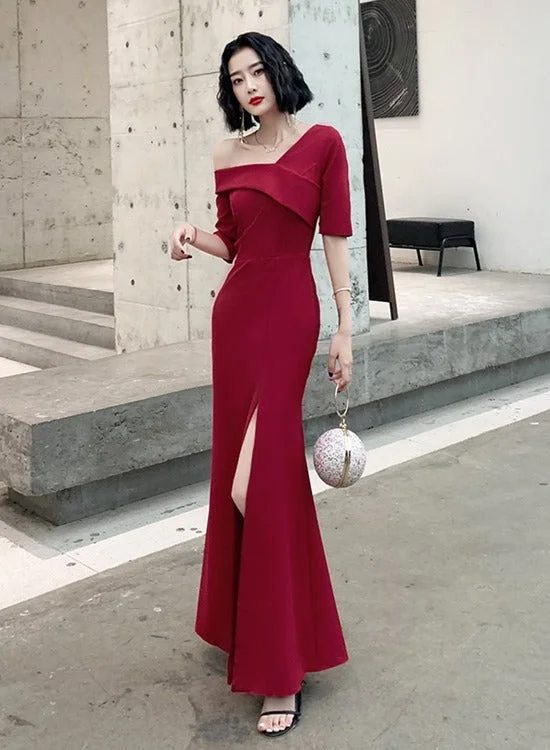 Dark Red Chic One Shoulder High Leg Slit Long Party Dress, Wine Red Prom Dresses Bodycon Fitted Nightout Dark Red Chic One Shoulder High Leg Slit Long Party Dress, Wine Red Prom Dresses Bodycon Fitted Nightout