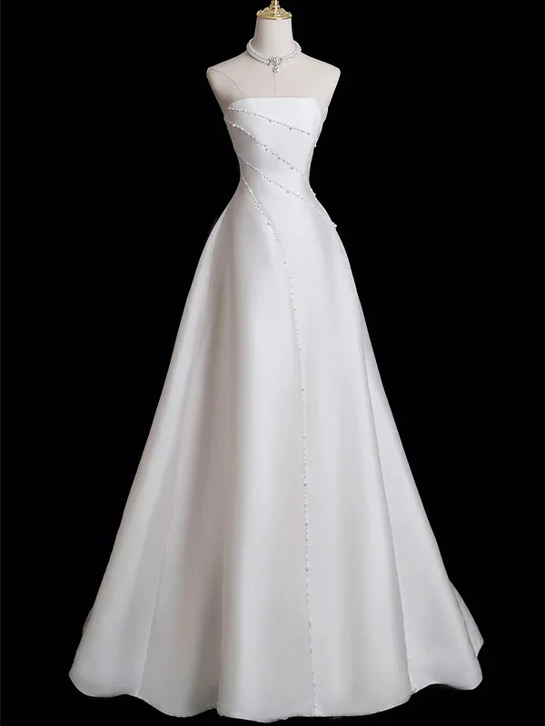 White Satin Beaded Strapless Long Party Dress, White Simpe Wedding Party Dresses Tunics Chinos classic White Satin Beaded Strapless Long Party Dress, White Simpe Wedding Party Dresses Tunics Chinos classic