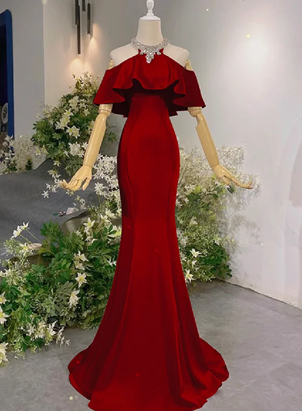 Wine Red Mermaid Off Shoulder Halter Neckline Party Dress, Wine Red Evening Gown Tunics Trendy modern Wine Red Mermaid Off Shoulder Halter Neckline Party Dress, Wine Red Evening Gown Tunics Trendy modern