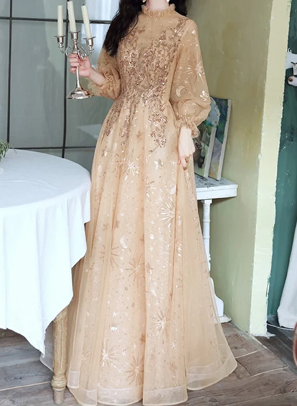 Champagne Puffy Sleeves Long Beaded Party Dress, Champagne Tulle Prom Dress sweetheart Neckline Romantic Champagne Puffy Sleeves Long Beaded Party Dress, Champagne Tulle Prom Dress sweetheart Neckline Romantic