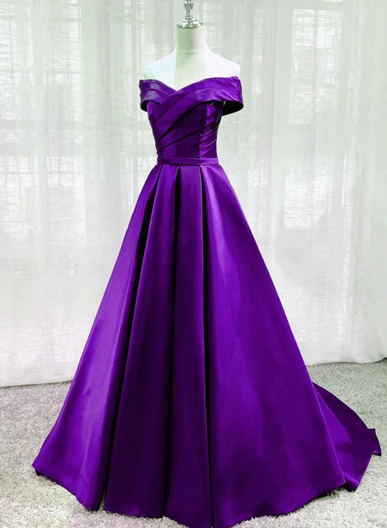 Purple Satin Sweetheart Long Party Dress Prom Dress, Off Shoulder Purple Evening Dress Tunics Running lightweight