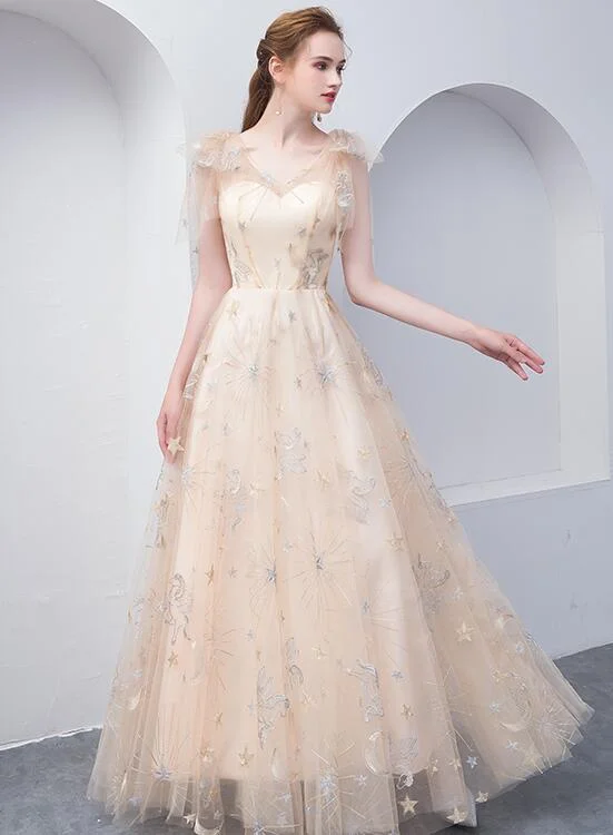 Light Champagne Lovely A-line Floor Length Party Dress, Cute Tulle Bridesmaid Dress Bodycon Fitted Nightout Light Champagne Lovely A-line Floor Length Party Dress, Cute Tulle Bridesmaid Dress Bodycon Fitted Nightout