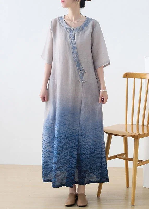 The Peaceful Ocean Linen Dress Gradient Blue Summer Party Dress Turtleneck Neckline Stylish The Peaceful Ocean Linen Dress Gradient Blue Summer Party Dress Turtleneck Neckline Stylish