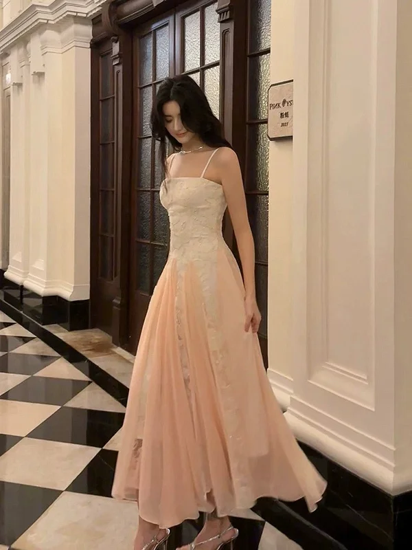 Pink Chiffon and White Lace Straps A-line Prom Dress, Long Chic Evening Dress Party Dress Tunics Ceremony elegant Pink Chiffon and White Lace Straps A-line Prom Dress, Long Chic Evening Dress Party Dress Tunics Ceremony elegant
