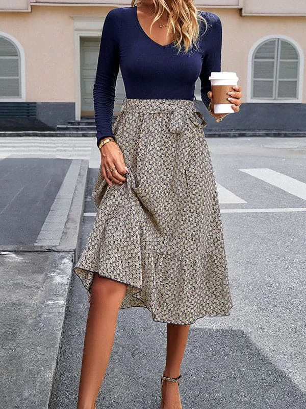 Women's elegant V-neck long-sleeved slim-fit patchwork dress Tunics Summer linen