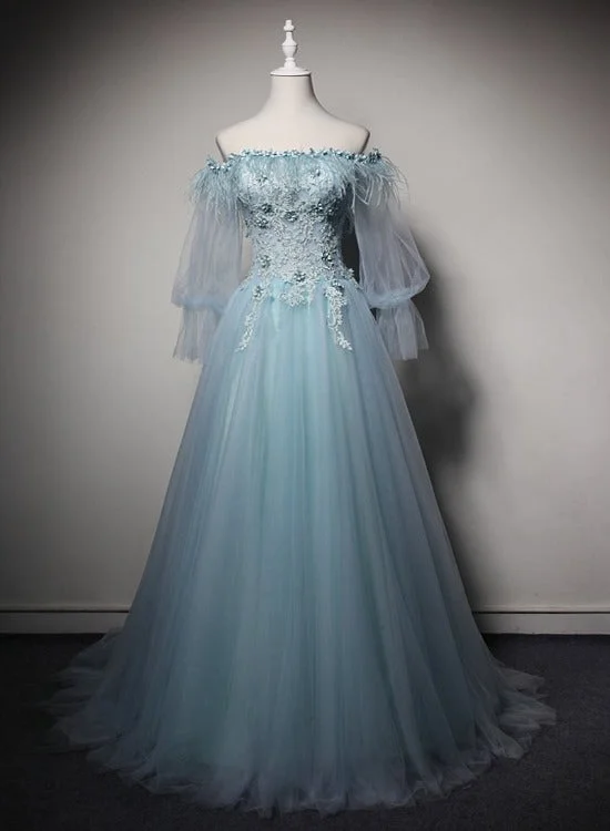 Light Blue Off Shoulder Long Sleeves Tulle Party Dress with Lace, A-line Blue Formal Dresses Tunics Velvet soft Light Blue Off Shoulder Long Sleeves Tulle Party Dress with Lace, A-line Blue Formal Dresses Tunics Velvet soft