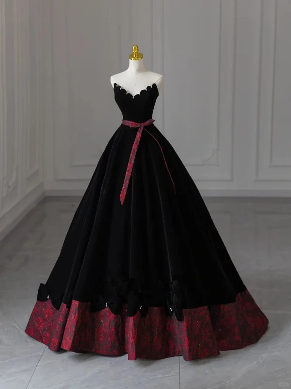 Glam Black V-neckline Velvet Lace-up Party Dress, Black Velvet Floor Length Prom Dress Tunics Timeless classic