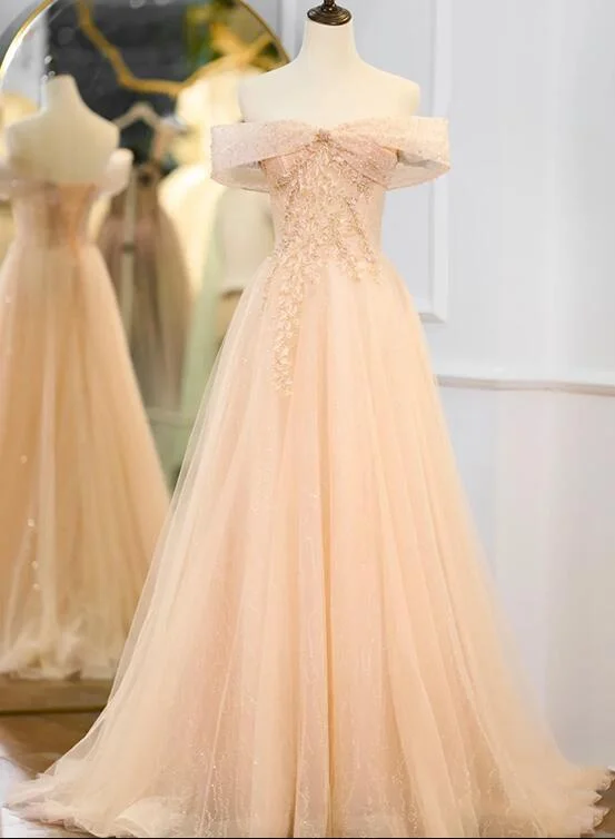 Beutiful Pink Off Shoulder Tulle Beaded Long Party Dresses, Pink Formal Dresses Tunics Chic fashionable Beutiful Pink Off Shoulder Tulle Beaded Long Party Dresses, Pink Formal Dresses Tunics Chic fashionable
