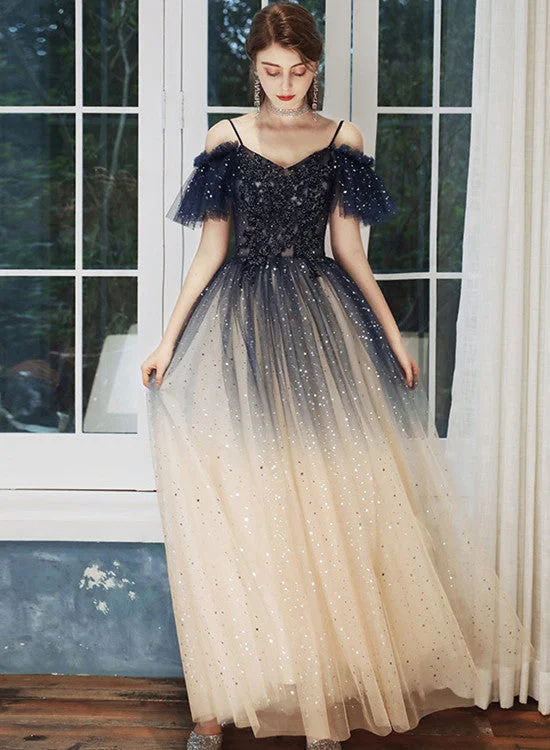 Blue and Champagne Gradient Off Shoulder Party Dress, A-line Long Prom Dress Tunics Luxurious premium Blue and Champagne Gradient Off Shoulder Party Dress, A-line Long Prom Dress Tunics Luxurious premium