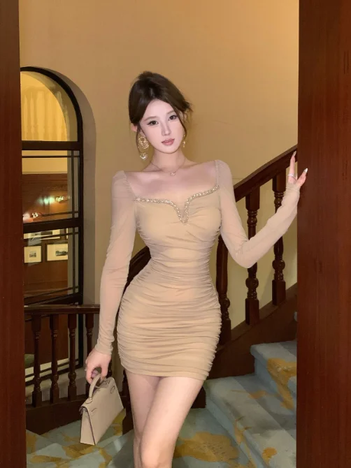 Pure square neck gauze long sleeve nail drill slim dress Tunics Favorite customer