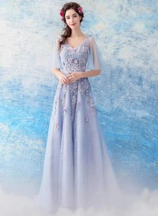 Light Purple Tulle Flowers Lace A-line V-neckline Prom Dress,Purple New Party Dresses sweetheart Neckline Romantic Light Purple Tulle Flowers Lace A-line V-neckline Prom Dress,Purple New Party Dresses sweetheart Neckline Romantic