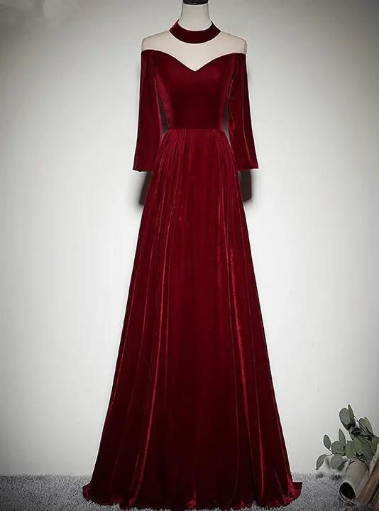 Burgundy Long Sleeves Round Neckline Party Dress, A-line Floor Length Prom Dresses Peplum Ruffle Cocktail Burgundy Long Sleeves Round Neckline Party Dress, A-line Floor Length Prom Dresses Peplum Ruffle Cocktail