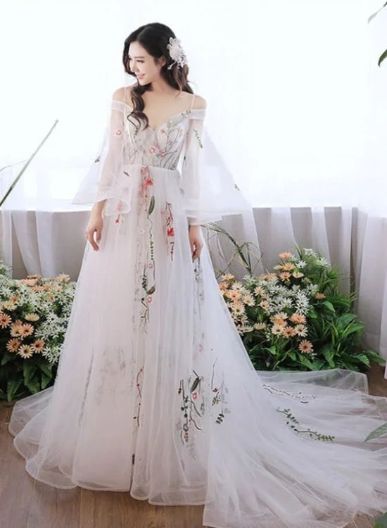 Charming White Tulle with Lace Off Shoulder Wedding Party Dresses, White Formal Dresses Tunics Handmade artisanal Charming White Tulle with Lace Off Shoulder Wedding Party Dresses, White Formal Dresses Tunics Handmade artisanal