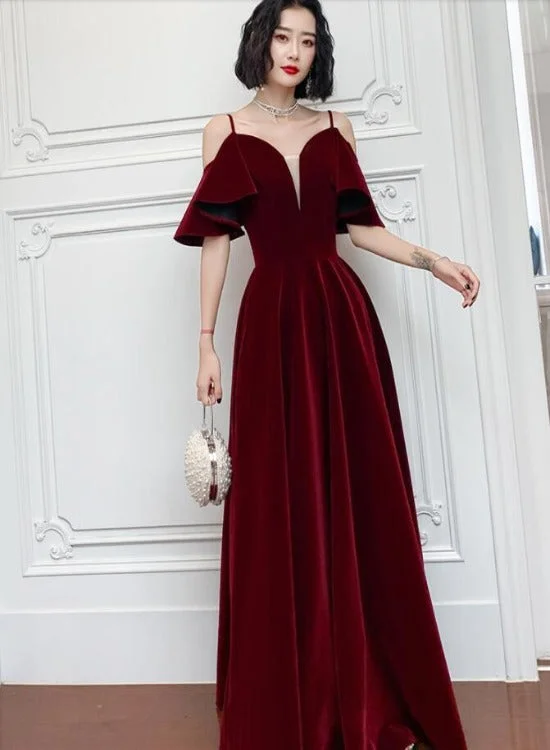 Wine Red Velvet Straps V-neckline Long Party Dress, A-line Burgundy Formal Dresses Tunics Fleece cozy Wine Red Velvet Straps V-neckline Long Party Dress, A-line Burgundy Formal Dresses Tunics Fleece cozy
